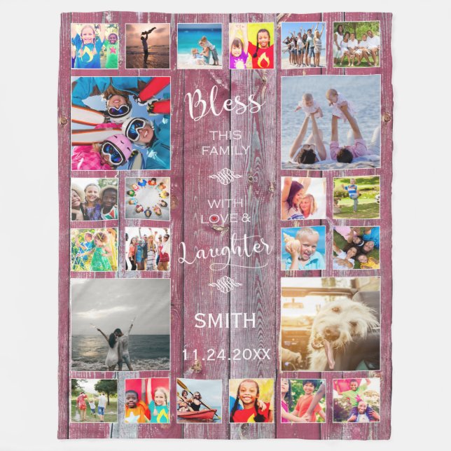 Bless this Family with love 24 Photo Collage Fleece Blanket (Front)