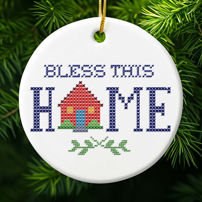 Bless This Home Cross Stitch Embroidery Ceramic Tree Decoration (Bless This Home cross stitch needlework embroidery design.)