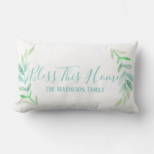 Bless This Home Farmhouse Watercolor Laurels Lumbar Cushion