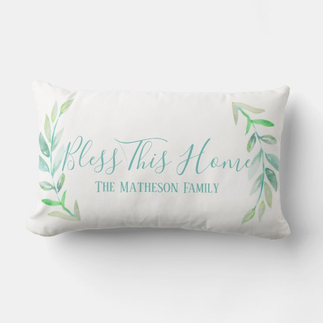 Bless This Home Farmhouse Watercolor Laurels Lumbar Cushion (Front)