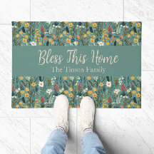 "Bless This Home" Floral Personalizable Doormat