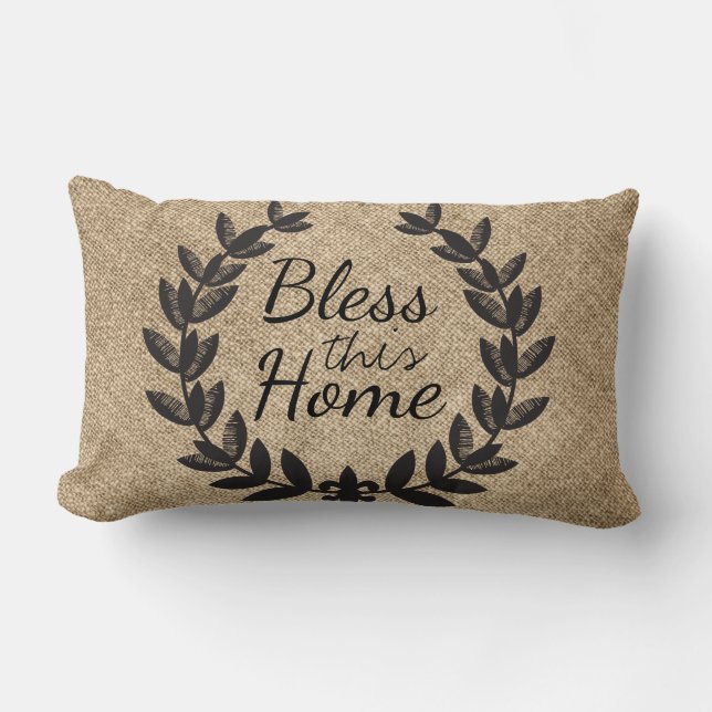 Bless This Home Rustic Faux Burlap Laurels Lumbar Cushion (Front)