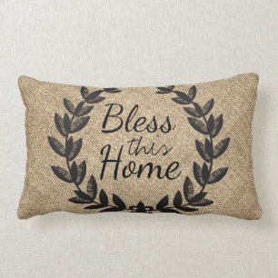 Bless This Home Rustic Faux Burlap Laurels Lumbar Cushion