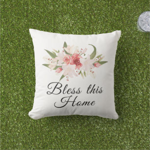 Bless This Home Watercolor Floral Design Outdoor Cushion