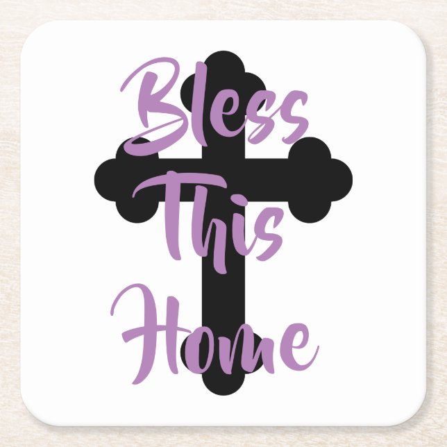 Bless This Home With Cross Purple Custom Text Square Paper Coaster (Front)