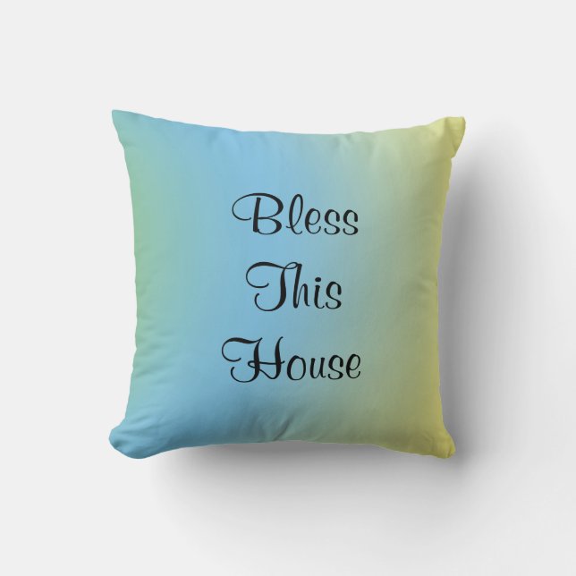 Bless This House Blue Yellow Square Cushion (Front)