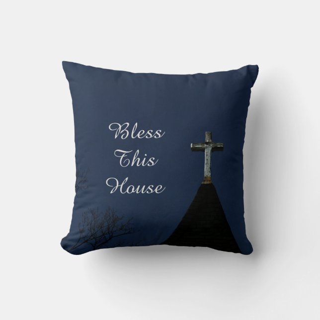 Bless This House Glowing Cross Blue Square Cushion (Front)