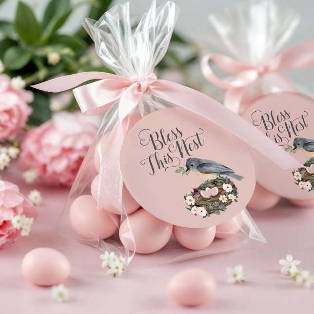Bless This Nest Floral Bird's Nest Baby Shower Classic Round Sticker (Bless This Nest Floral Bird's Nest Baby Shower Classic Round Sticker)