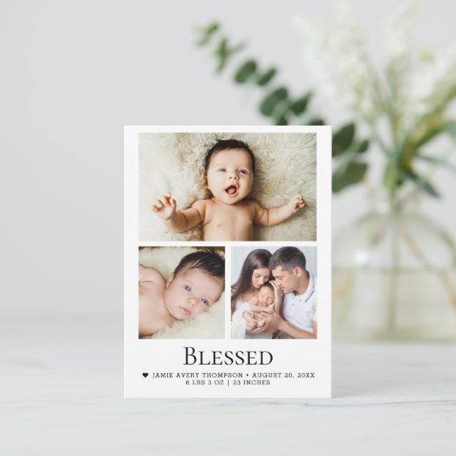 Blessed 3 Baby Photos Birth announcement Postcard (Standing Front)