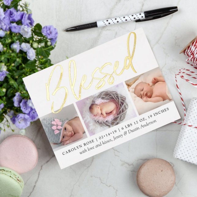 "Blessed" 3 Photo Real Foil Birth Announcement (Creator Uploaded)