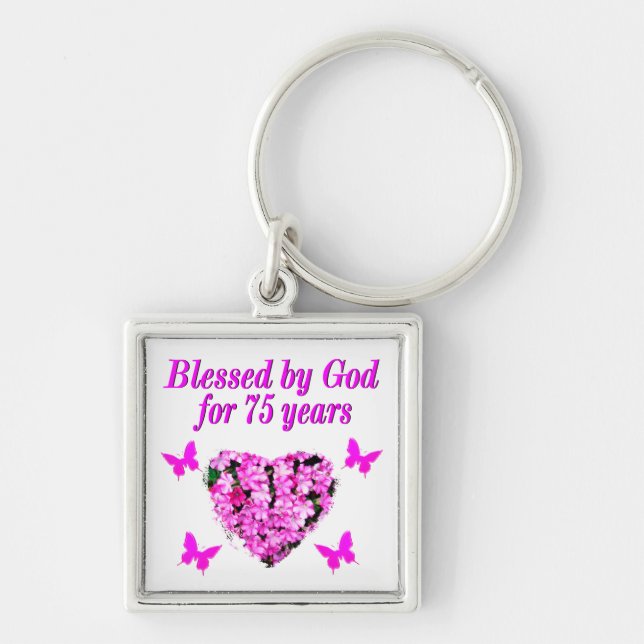 BLESSED 75TH BIRTHDAY FLORAL DESIGN KEY RING (Front)