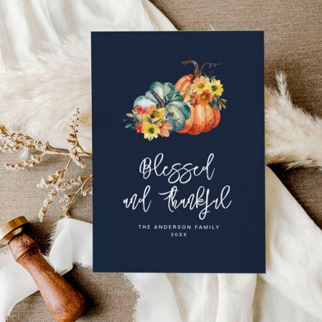 Blessed and thankful navy blue thanksgiving holiday card (Creator Uploaded)