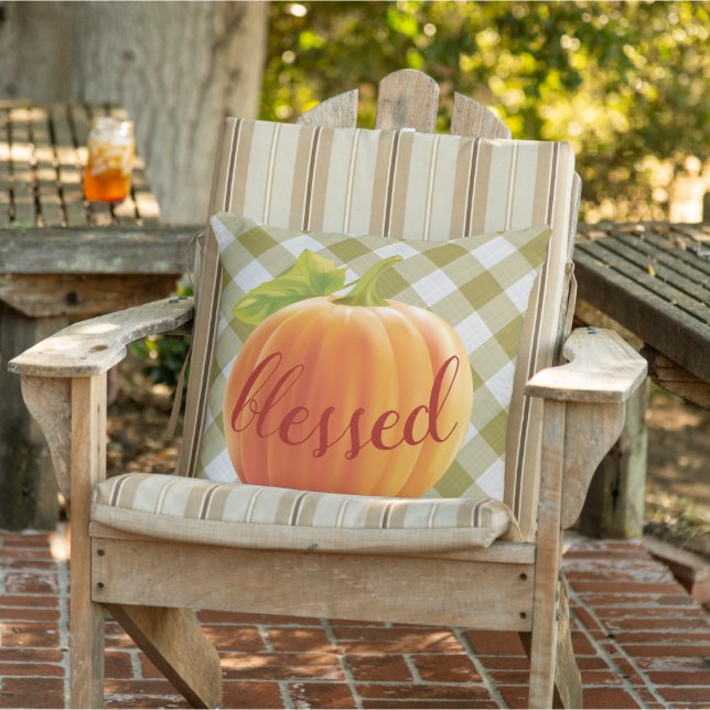 Blessed Autumn Harvest Pumpkin On Gingham Cushion (Chair)