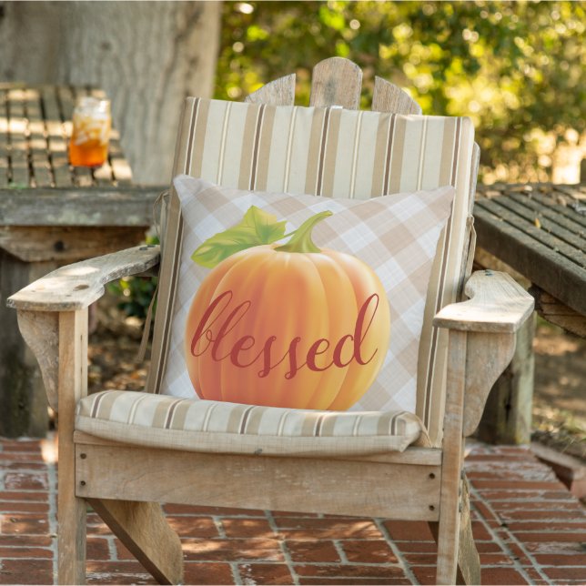 Blessed Autumn Harvest Pumpkin On Gingham Cushion (Chair)