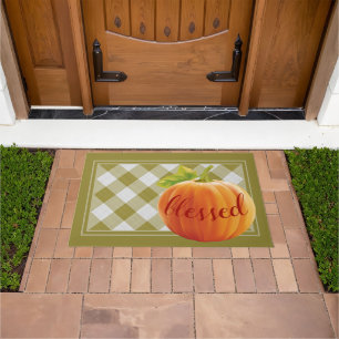 Blessed Autumn Harvest Pumpkin On Gingham Welcome Doormat