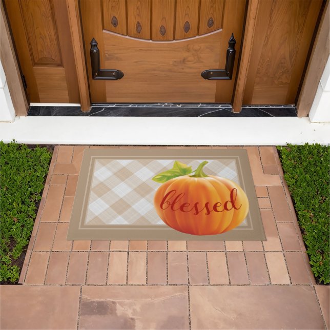 Blessed Autumn Harvest Pumpkin On Gingham Welcome Doormat (Outdoor)
