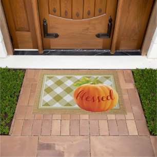 Blessed Autumn Harvest Pumpkin On Gingham Welcome Doormat
