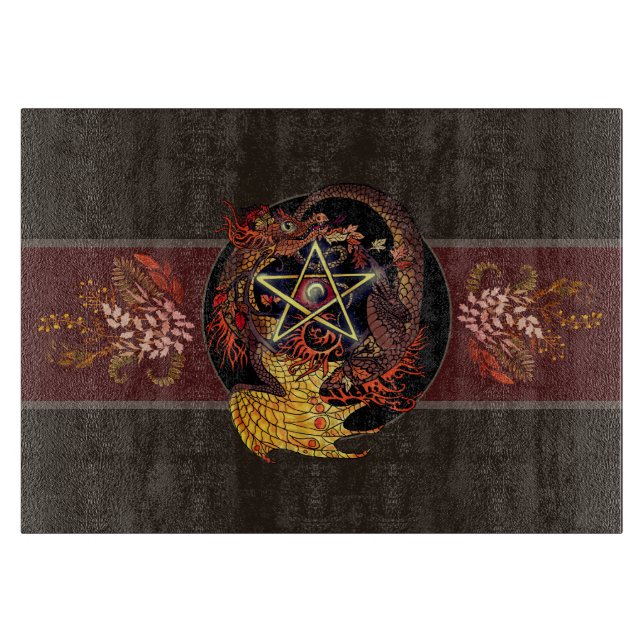 Blessed Be Art Nouveau Pentacle Dragon Cutting Board (Front)