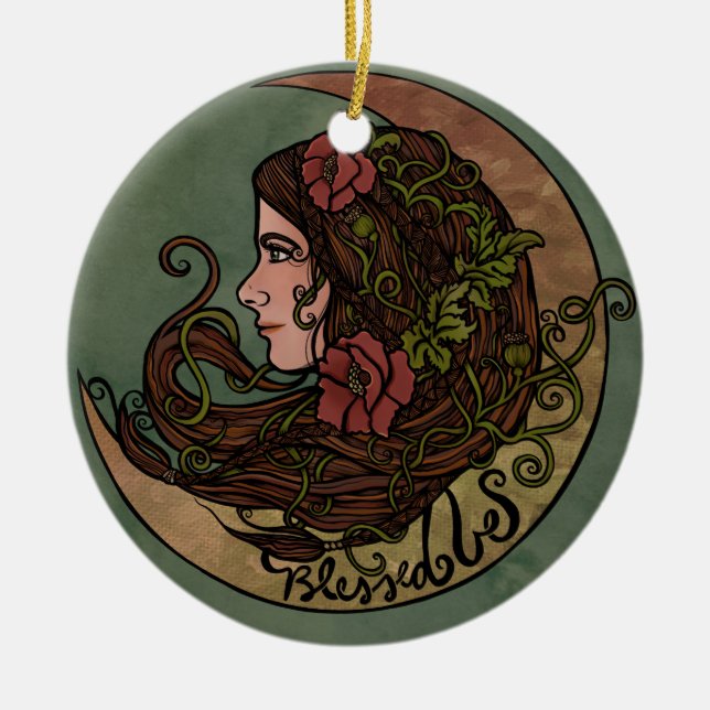 Blessed Be Moon Goddess Pagan Art Ceramic Ornament (Front)