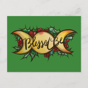 Blessed Be Triple Moon Goddess Holly Yule Holiday Postcard