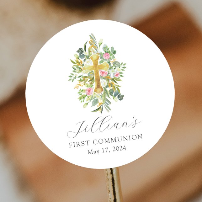 Blessed Beginnings Cross First Communion Classic Round Sticker (Creator Uploaded)