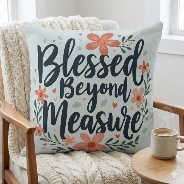 Blessed Beyond Measure Inspirational Floral Art Cushion (Blessed Beyond Measure Inspirational Floral Art Throw Pillow Mockup A)