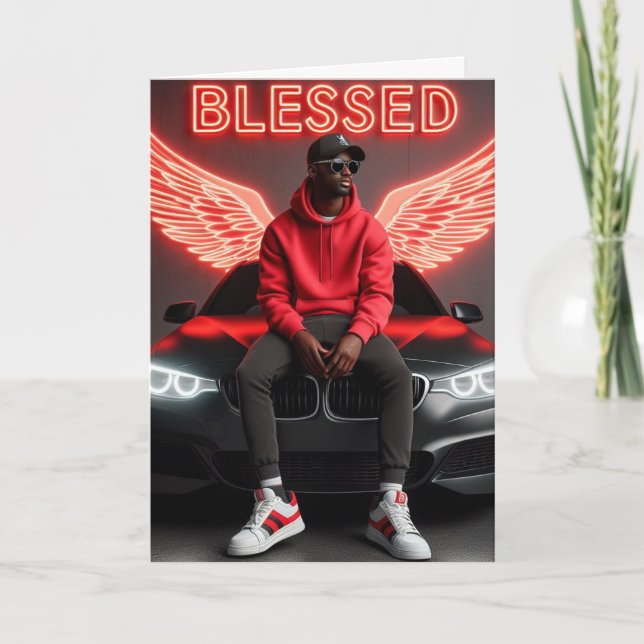 Blessed Black Man-Urban Neon Angel Wings Birthday Card (Front)