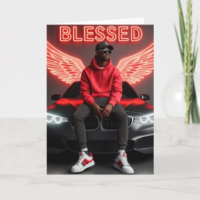 Blessed Black Man-Urban Neon Angel Wings Birthday Card (Front)