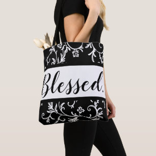 Blessed Black White Modern Script Damask Christian Tote Bag
