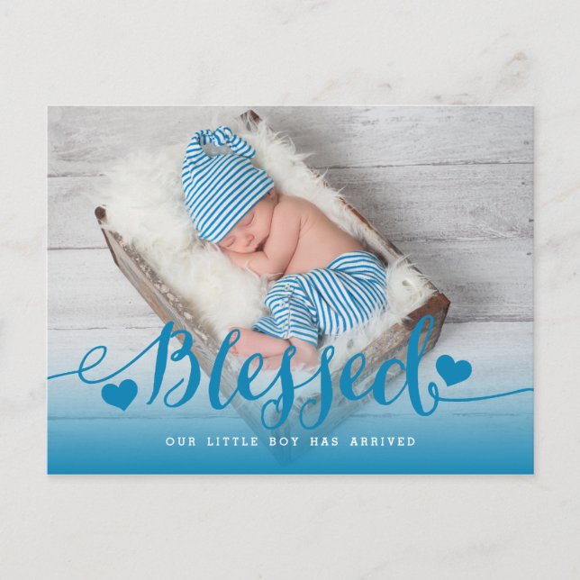 Blessed | Blue Baby Boy Photo Birth Announcement Postcard (Front)