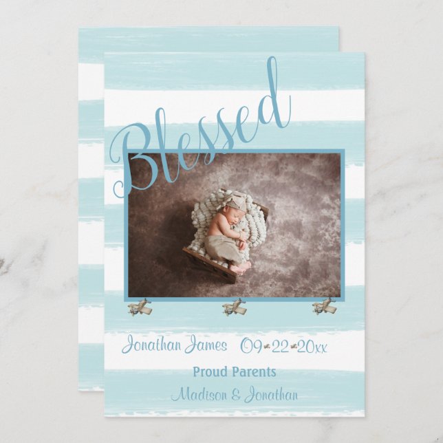 Blessed Blue Photo Script Personalise Boy Birth Announcement (Front/Back)