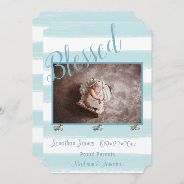 Blessed Blue Photo Script Personalise Boy Birth Announcement (Front/Back)