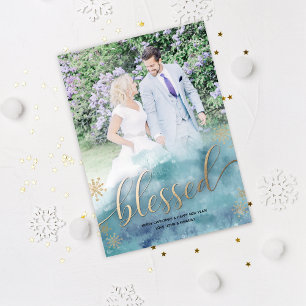 Blessed Blue Watercolor Wedding Photo Christmas Holiday Card