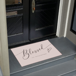 Blessed Blush Pink Heart Typography Doormat