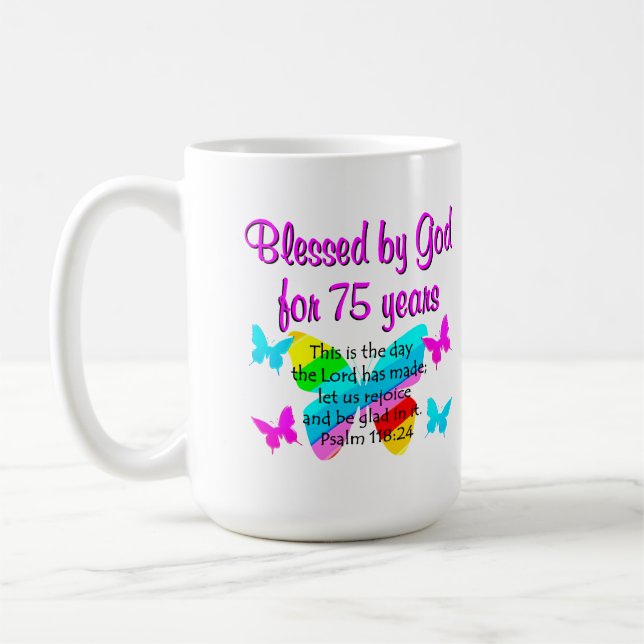 BLESSED BUTTERFLY 75TH BIRTHDAY DESIGN COFFEE MUG (Left)