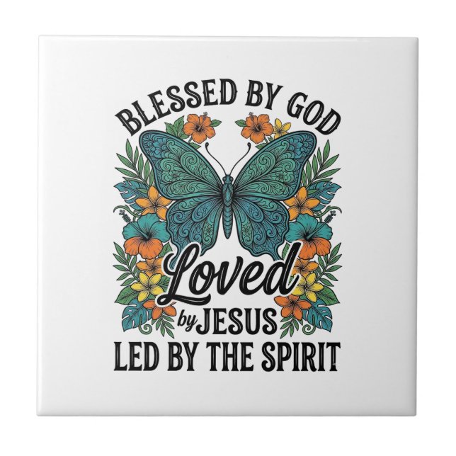 Blessed Butterfly Christian T-Shirt Design (2) Ceramic Tile (Front)