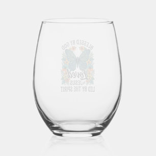 Blessed Butterfly Christian T-Shirt Design (2) Stemless Wine Glass