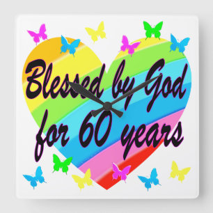 BLESSED BY GOD FOR 60 YEARS HEART DESIGN SQUARE WALL CLOCK