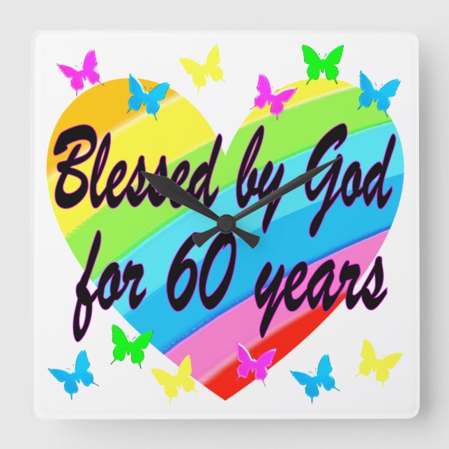 BLESSED BY GOD FOR 60 YEARS HEART DESIGN SQUARE WALL CLOCK (Front)