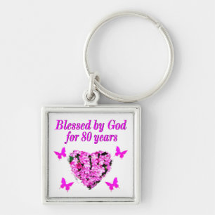 BLESSED BY GOD FOR 80 YEARS FLORAL DESIGN KEY RING