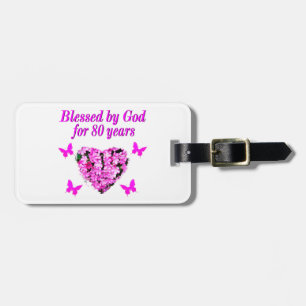 BLESSED BY GOD FOR 80 YEARS FLORAL DESIGN LUGGAGE TAG