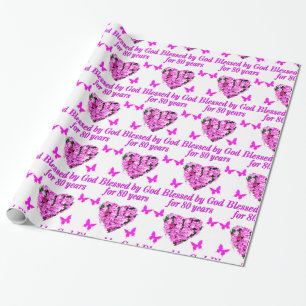 BLESSED BY GOD FOR 80 YEARS FLORAL DESIGN WRAPPING PAPER