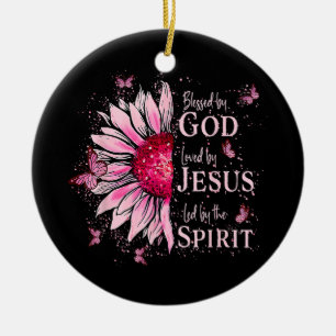 Blessed By God - Loved By Jesus Pink Sunflower Ceramic Ornament