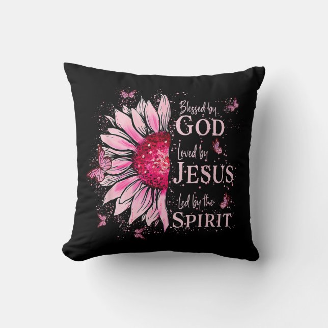 Blessed By God - Loved By Jesus Pink Sunflower Cushion (Front)