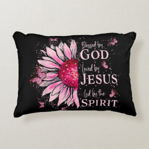 Blessed By God - Loved By Jesus Pink Sunflower Decorative Cushion