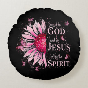 Blessed By God - Loved By Jesus Pink Sunflower Round Cushion