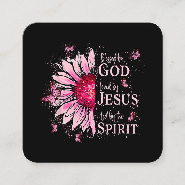 Blessed By God - Loved By Jesus Pink Sunflower Square Business Card (Front)