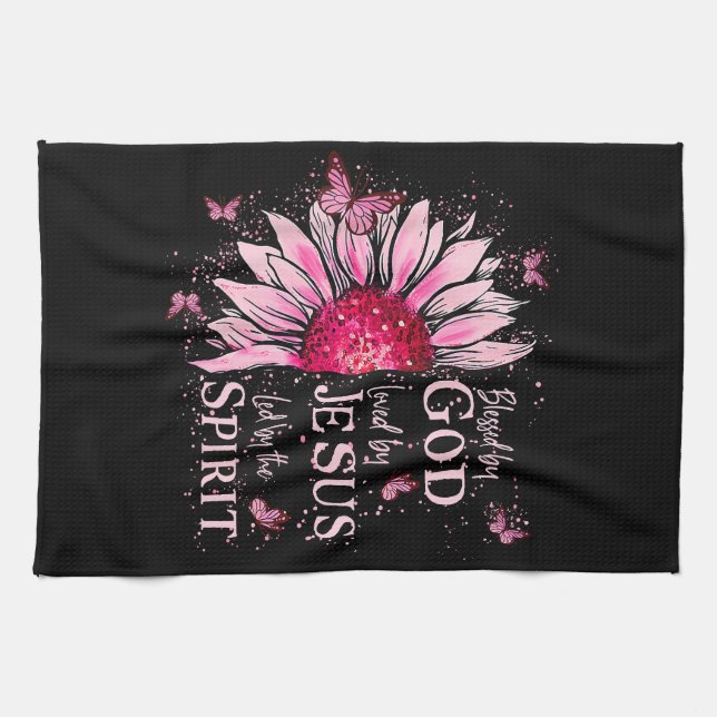 Blessed By God - Loved By Jesus Pink Sunflower Tea Towel (Horizontal)