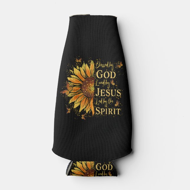 Blessed By God - Loved By Jesus, Sunflower Bottle Cooler (Front)