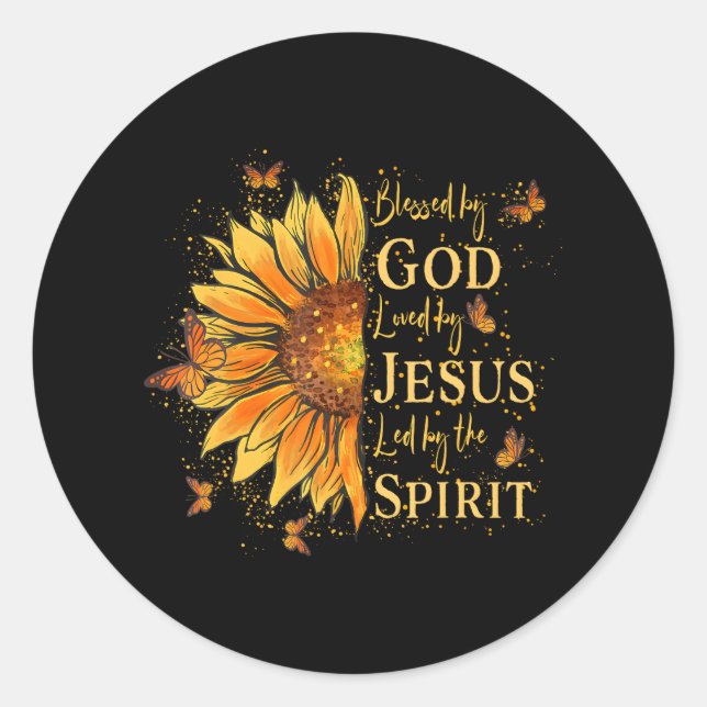 Blessed By God Loved By Jesus Sunflower Classic Round Sticker (Front)